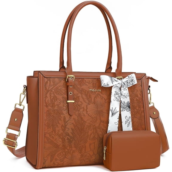 Mosiso Laptop Tote Bag for Women, 17-17.3 inch Waterproof PU Leather Travel Work Office Shoulder Messenger Handbag for MacBook Air Pro HP Dell Asus Acer Computer Satchel Bags, Brown