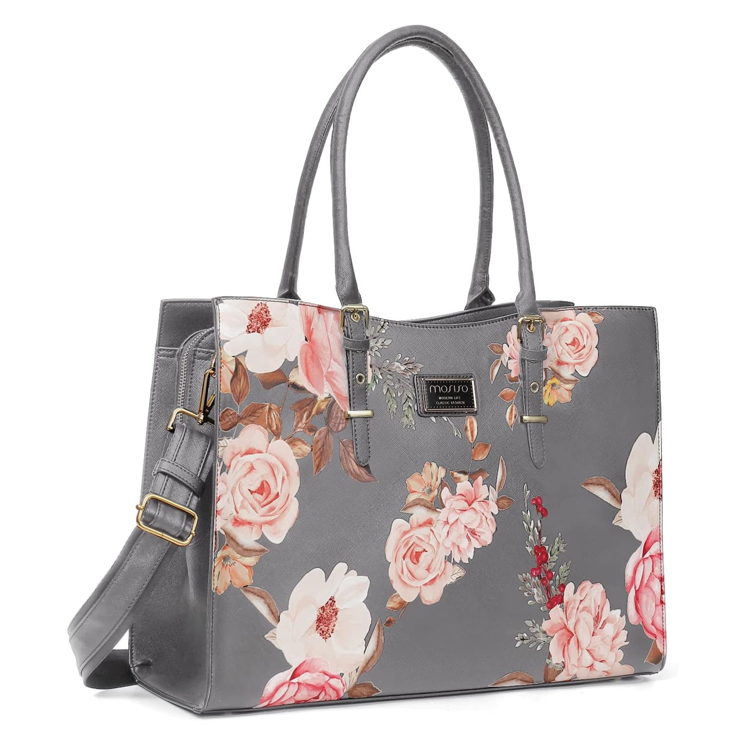 Mosiso PU Leather Laptop Tote Bag for 15 15.6 inch Notebook Peony Waterproof Business Work Travel Briefcase with Adjustable PU Handle Black Walmart Business Supplies