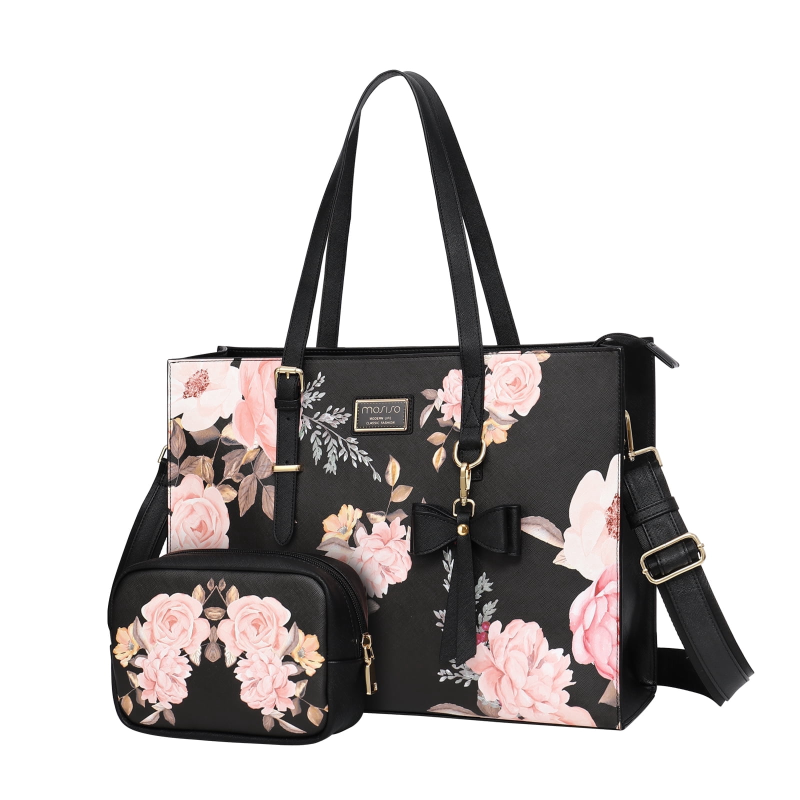 Mosiso PU Leather Women's Fashion Handbag Travel Work Briefcase Laptop Tote Bag with Detachable Bowknot & Small Purse for MacBook Pro 16 inch 2022 2021 M1 A2485/2019-2020 A2141&15-15.6 inch Notebook