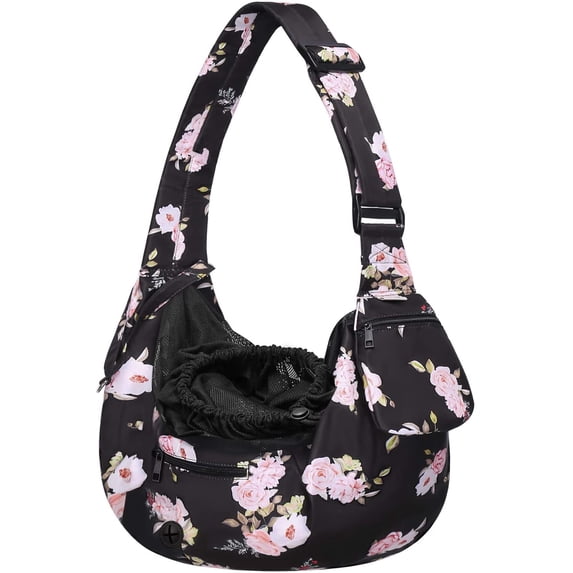 Mosiso Pet Sling Carrier Dog Cat Carrier Camellia Tote Bag Adjustable Padded Strap with Zipper Pocket for Outdoor Travel, Black