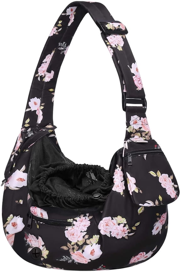 Pet Sling Carrier Dog Cat Carrier Camellia Tote Bag Adjustable Padded Strap with Zipper Pocket for Outdoor Travel, Black
