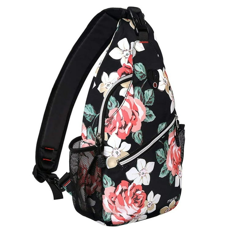 Mosiso Polyester Sling Bag Backpack Travel Hiking Outdoor Sport Crossbody  Shoulder Bag Multipurpose Daypack for Women Men, Black Base Rose 
