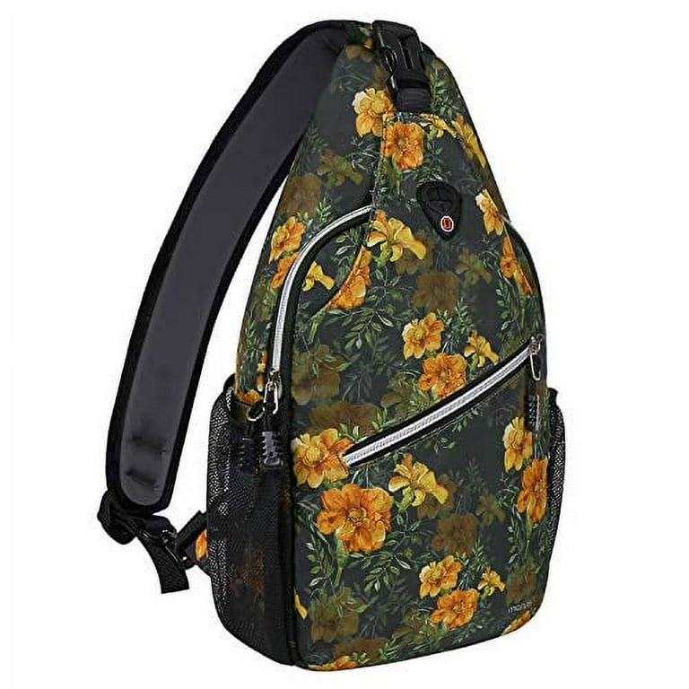 Mosiso Polyester Sling Bag Backpack Travel Hiking Outdoor Sport Crossbody  Shoulder Bag Multipurpose Daypack for Women Men, Black Chrysanthemum 