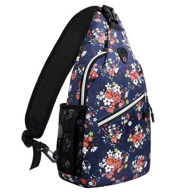 Mosiso Polyester Sling Bag Backpack Travel Hiking Outdoor Sport Crossbody Shoulder Bag Multipurpose Daypack for Women Men, Navy Blue Base Floral