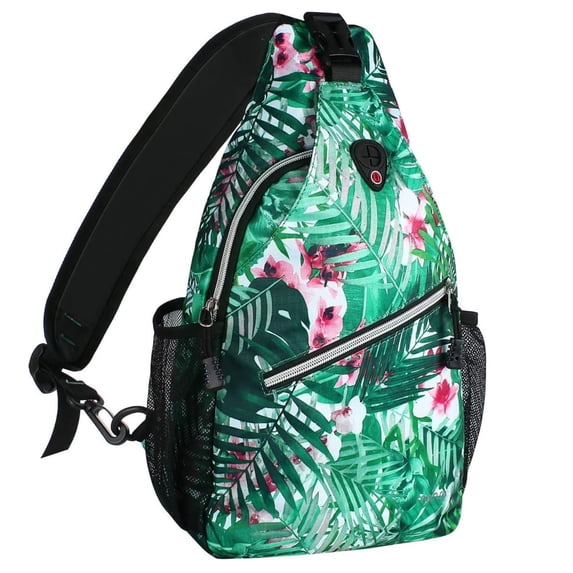 Mosiso Polyester Sling Bag Backpack Travel Hiking Outdoor Sport Crossbody Shoulder Bag Multipurpose Daypack for Women Men, Palm Leaf Flower