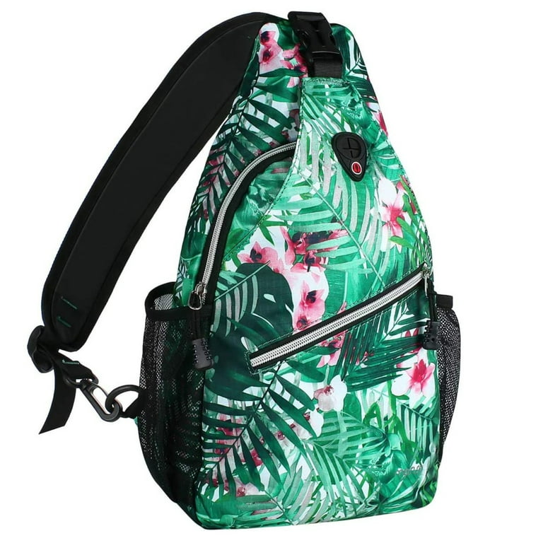 MOSISO Polyester Sling Bag Backpack Travel Hiking Outdoor Sport Crossbody Shoulder Bag Multipurpose Daypack for Women Men, Palm Leaf Flower, Adult