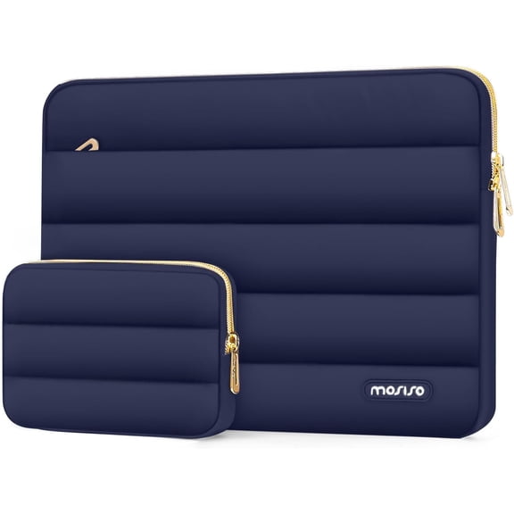 Mosiso Puffy Laptop Sleeve for 13"-13.3" Notebook, Protective Soft Computer Carrying Bag with Small Case, Compatible with MacBook Pro 14 inch M3 M2 M1 Chip 2024-2021, Navy Blue
