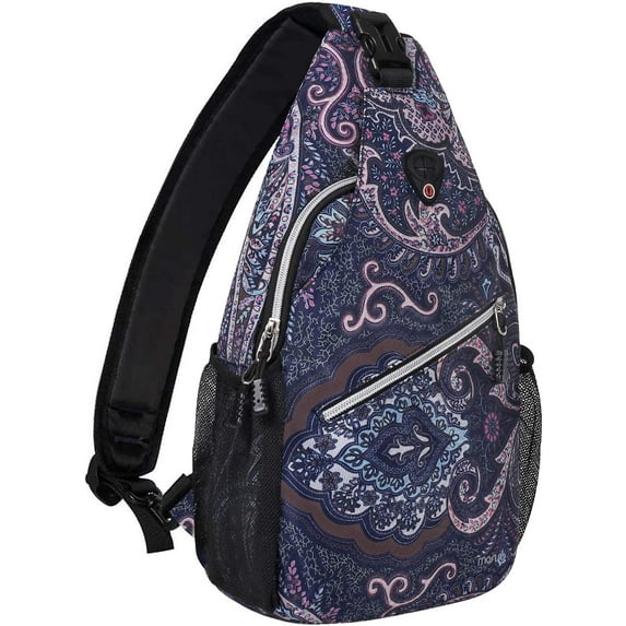 Mosiso Sling Backpack Outdoor Causal Daypacks Pattern Rope Crossbody Shoulder Bag For Travel Hiking, Navy Blue Base Totem Texture