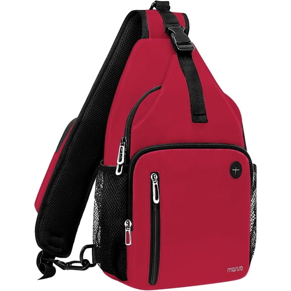 Mosiso Sling Backpack for Women Men, Chest Crossbody Shoulder Bag with USB Charging Port for Travel Hiking Walking Biking Cycling, Red