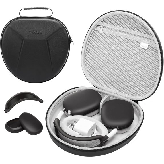 Mosiso Smart Hard Case for AirPods Max Supports Sleep Mode, Organizer Portable Travel Cover Storage Bag with Silicone Earpad Cover & Headband Cover Anti-Scratch Accessories, Black