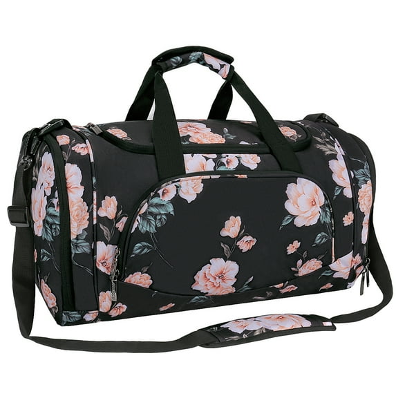Mosiso Waterproof Sports Duffle Bag Gym Bag Travel Duffel with Adjustable Strap for Sports, Gym,Vacation, Shopping and Travel,Black Base Peony
