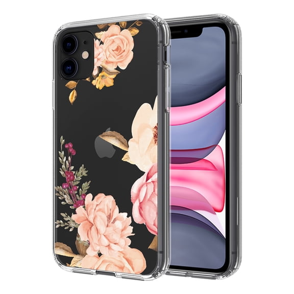 Mosiso iPhone 11 Case, Clear Shockproof Soft TPU Bumper Hard PC Shield Slim Fit Drop Absorption Shell Anti-Scratch Protective Cover for Apple iPhone 11 6.1 inch, Pink Peony