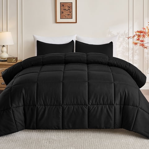 Mosluna Full Size Comforter Sets, 3 Piece Soft Quilted Bedding Sets, All-Season Down Alternative Comforter with 2 Pillow Shams, Black