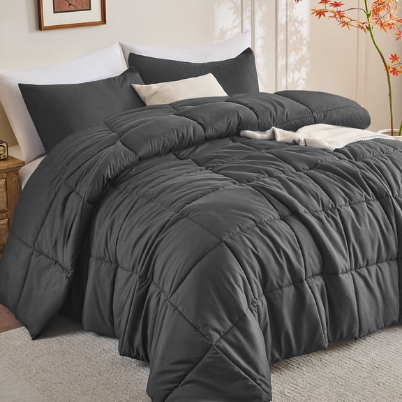 Mosluna Queen Size Comforter Sets, 3 Piece Soft Quilted Bedding Sets, All-Season Down Alternative Comforter with 2 Pillow Shams, Dark Gray