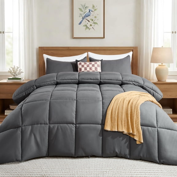 Mosluna Queen Size Comforter Sets, 3 Piece Soft Quilted Bedding Sets, All-Season Down Alternative Comforter with 2 Pillow Shams, Dark Gray