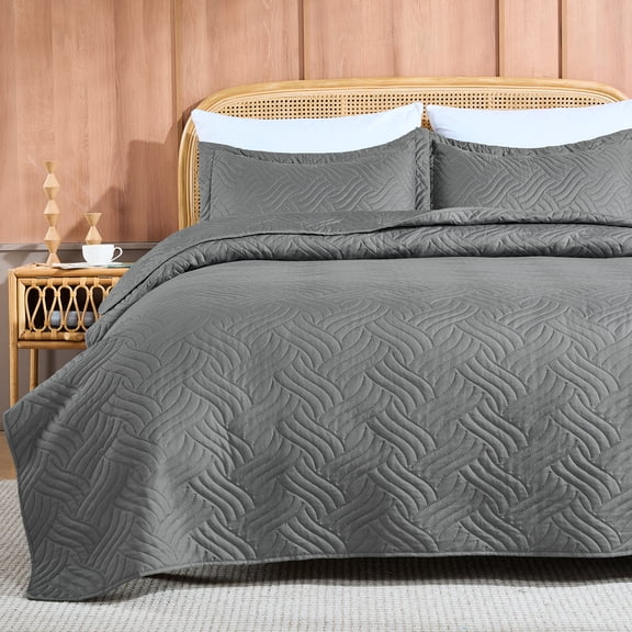 Mosluna Full/Queen Size Qulit Set, 3 Piece Lightweight Bedspreads, All-Season Coverlet with 2 Pillow Shams, Gray