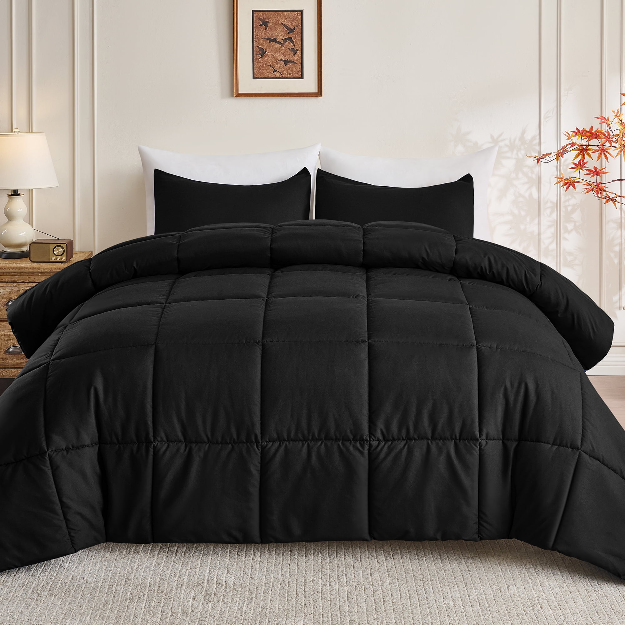 Mosluna Twin Size Comforter Sets, 2 Piece Soft Quilted Bedding Sets, All-Season Down Alternative Comforter with 1 Pillow Sham, Black