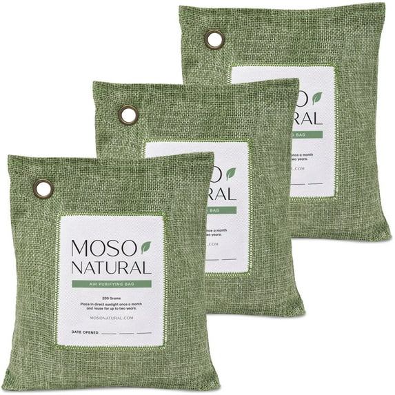 Moso Natural Air Purifying Bag, 200g Bamboo Charcoal Odor Absorber, Odor Eliminator, Green, 3 Pack