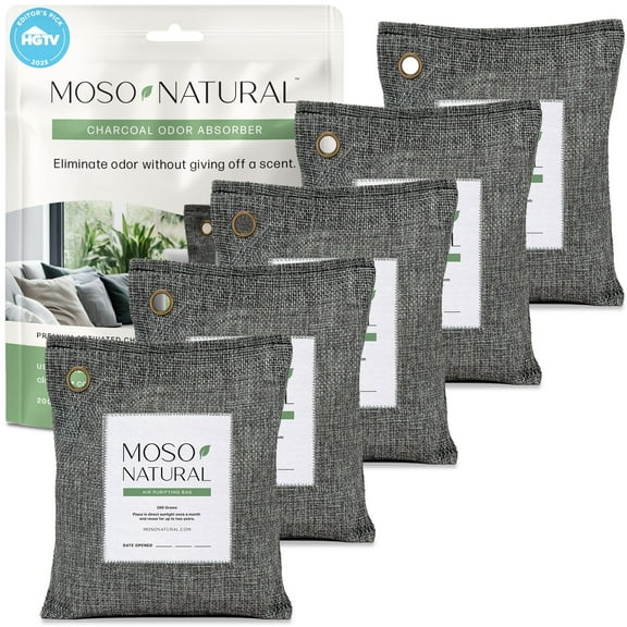 Moso Natural Air Purifying Bag, 200g Bamboo Charcoal Odor Absorber and Small Space Deodorizer, Closet Odor Eliminator and Car Air Freshener, 5 Pack