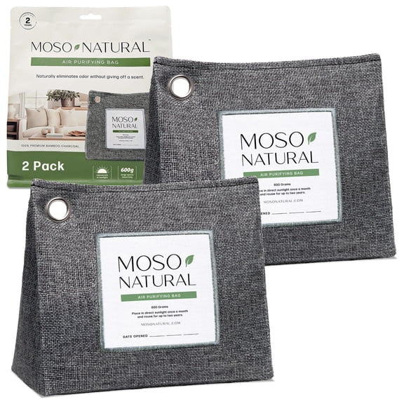 Moso Natural Air Purifying Bag, 600g Bamboo Charcoal Odor Absorber, Large Deodorizer for Pet & Home, 2 Pack