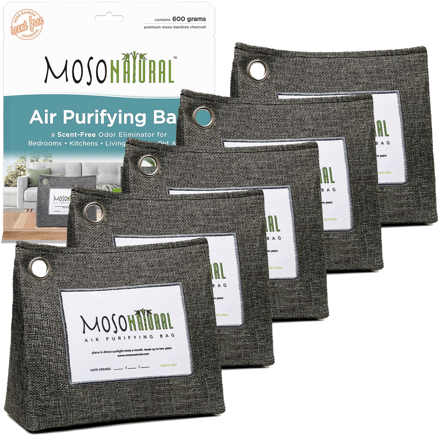 Moso Natural Air Purifying Bag 600g (5 Pack) - Bamboo Charcoal Odor ...