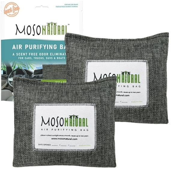 Moso Natural Car Air Freshener and Deodorizer | Long Lasting Bamboo Charcoal Odor Absorber | Non Toxic Odor Eliminator for Cars | Scent Free Air Purifying Bag (2 Pack)