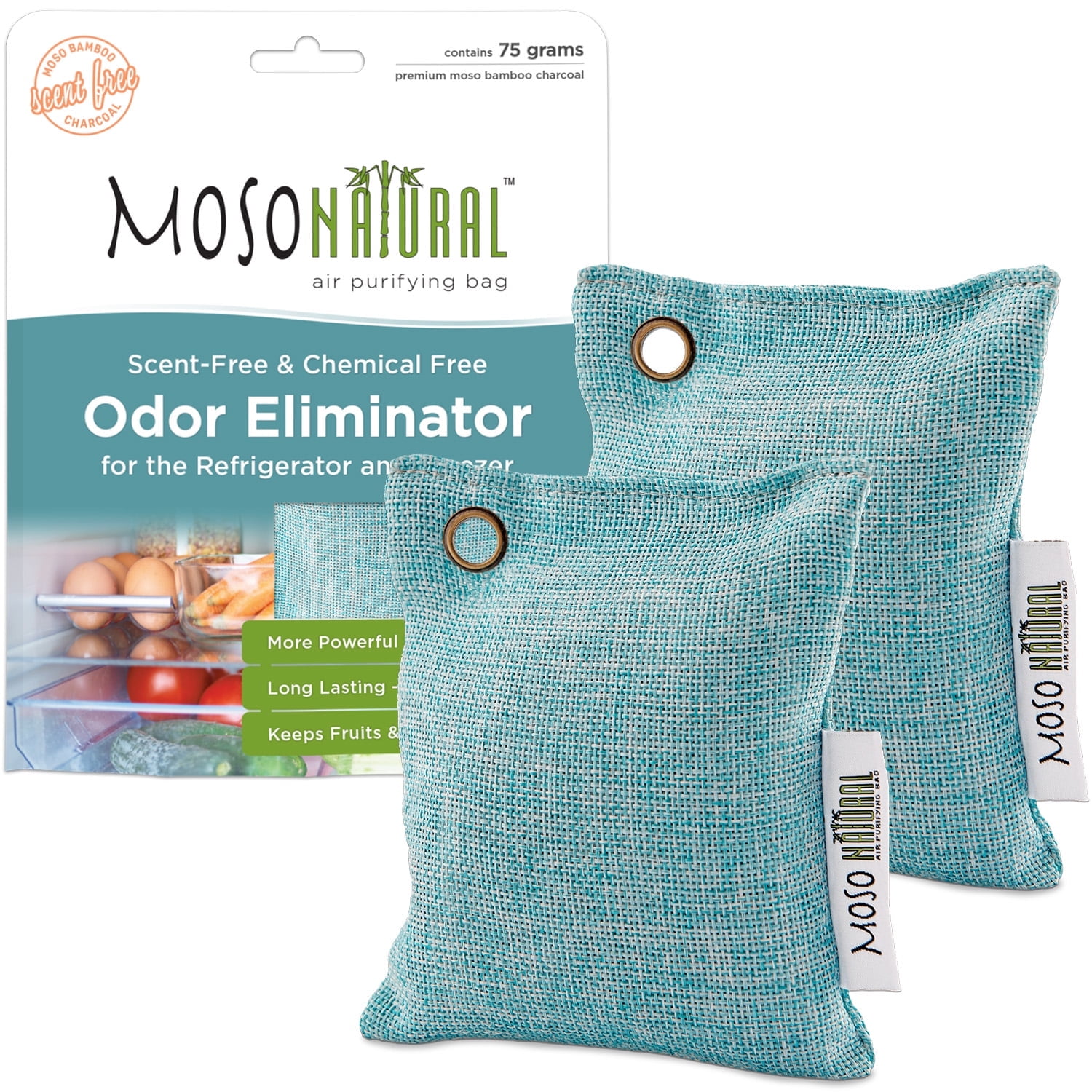 Moso Natural Fridge Deodorizer | Bamboo Charcoal Freezer & Refrigerator Odor Eliminator | Long-Lasting Air Purifying Bag to Eliminate Refrigerator Odor | More Powerful than Baking Soda (2 Pack)