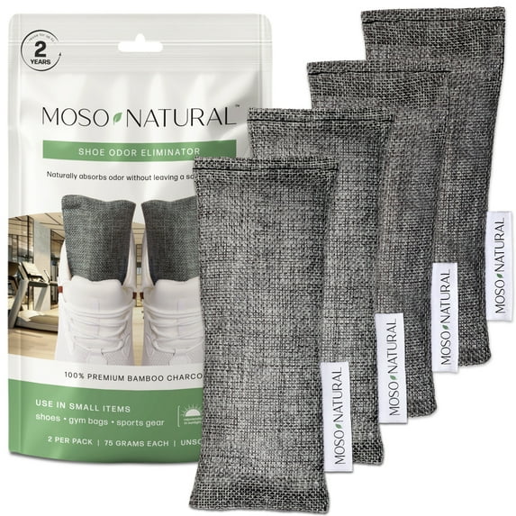 Moso Natural Shoe Deodorizer Inserts, Charcoal Odor Absorber for Shoes, Gym Bag & Boot Deodorizer, Long-Lasting Shoe Odor Elimination, Unscented Air Purifying Bags (Two Per Pack. 4 Total)