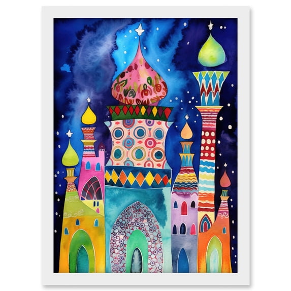 Mosque At Midnight Folk Art Artwork Framed Wall Art Print A4