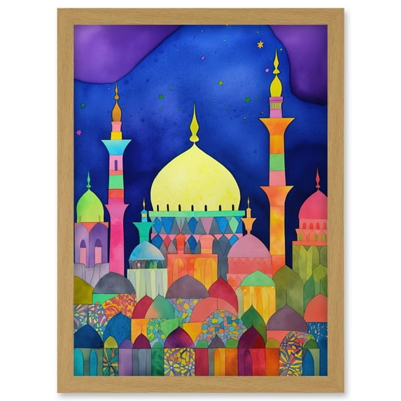 Mosque Cityscape Islam Folk Art Artwork Framed Wall Art Print A4