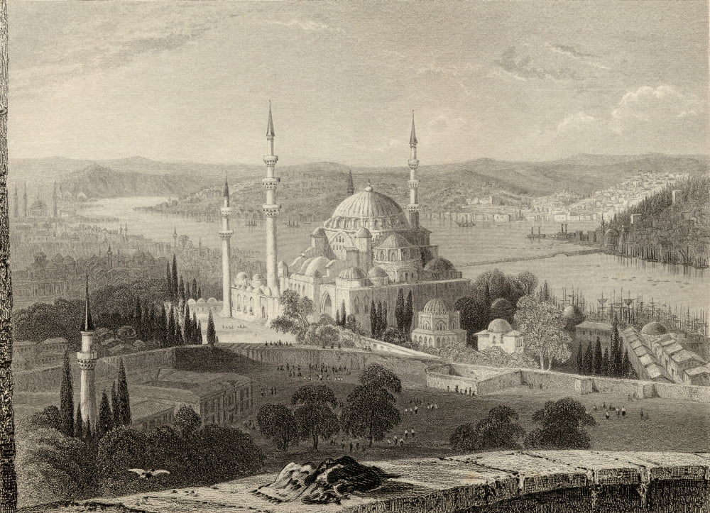 Mosque And Tomb Of Sulieman From The Seraskiers Tower Istanbul Turkey Engraved By H Adlard After WH Bartlett Canvas Art - Ken Welsh Design Pics (17 x 12)