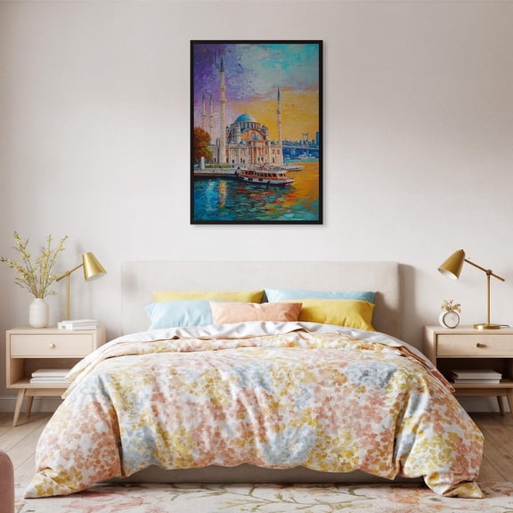 Mosque Waterfront Wall Art Poster Colorful Istanbul With Minarets And Boats Travel Lover Or Elegant Home Design1 Poster, Unframed Size 8x12
