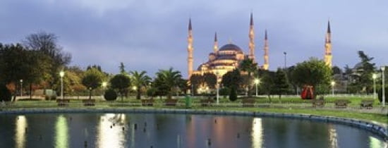 Mosque lit up at dusk Blue Mosque Istanbul Turkey Canvas Art - Panoramic Images (30 x 12)