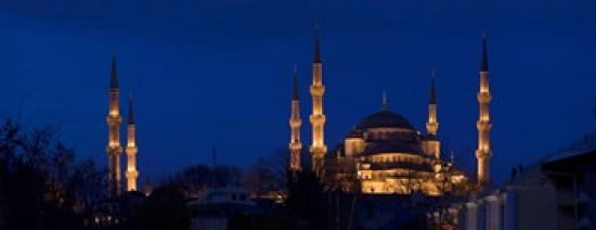 Mosque lit up at dusk Blue Mosque Istanbul Turkey Canvas Art - Panoramic Images (30 x 12)