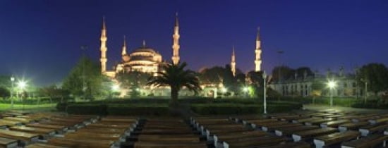Mosque lit up at night Blue Mosque Istanbul Turkey Canvas Art - Panoramic Images (30 x 12)