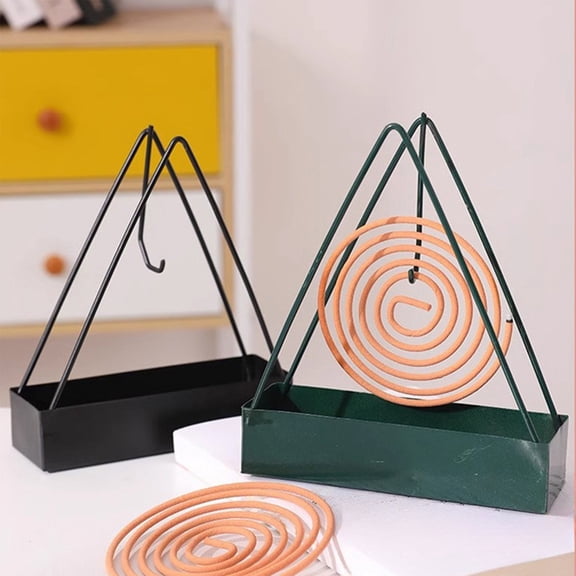 Mosquito Coil Holder Iron Rack | Triangular Stable Metal Stand with Ash Tray, Hanging Hook, Aromatherapy Stove, Rust-Resistant, Black/Green, 17x12x4cm, Durable Household Accessory