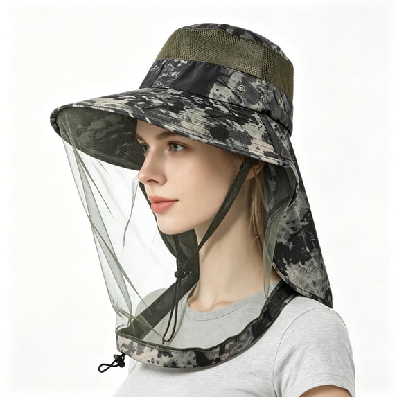Mosquito Head Net Hat-Camo UPF 50+ Wide Brim Sun Hat with Bug Net and Neck Flap for Hiking, Camping, Fishing, Men and Women, Green