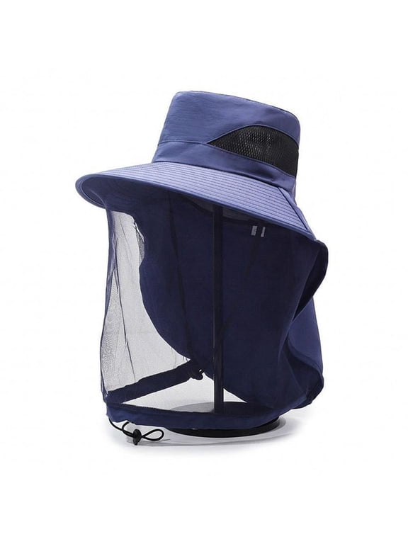 Mosquito Head Net Hat for Men & Women, Breathable Wide Brim Sun Hat with Hidden Mesh Face Shield for Fishing, Navy Blue