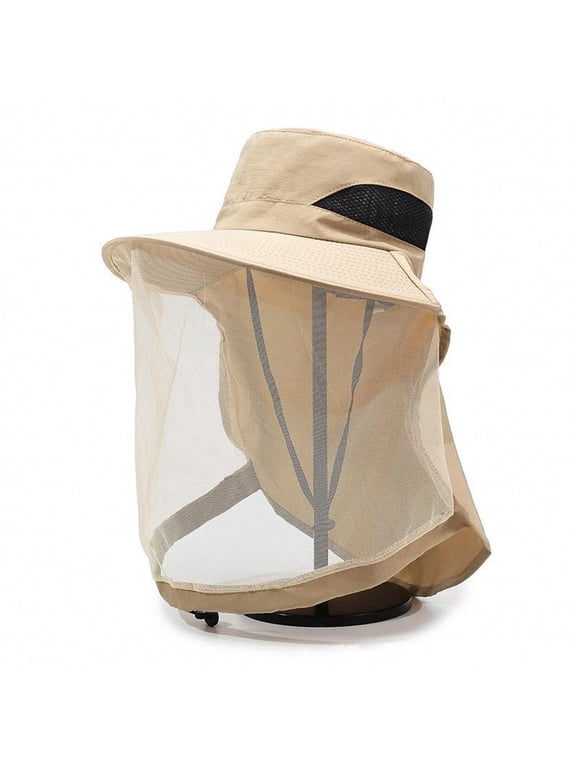 Mosquito Head Net Hat for Men & Women, Breathable Wide Brim Sun Hat with Hidden Mesh Face Shield for Fishing and Hiking, Khaki
