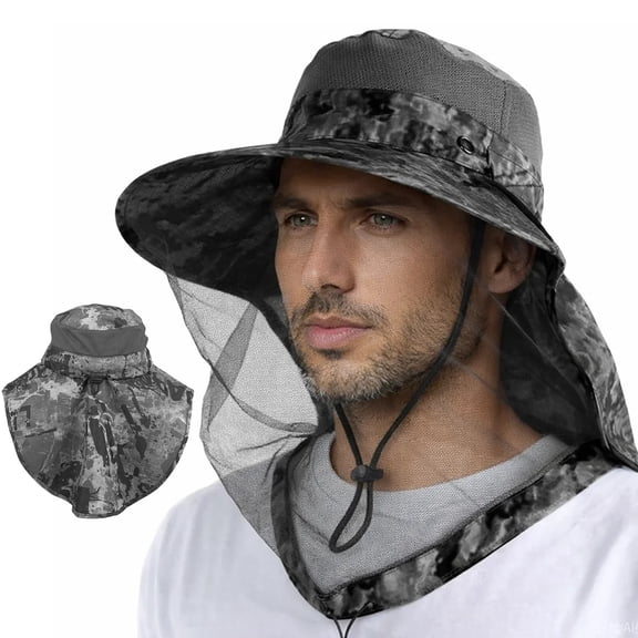 Mosquito Heat Net Sun Hat with Neck Flap, UPF 50+ UV Protection Safari Cap Wide Brim Fishing Hiking Hat for Men Women, Camouflage Gray