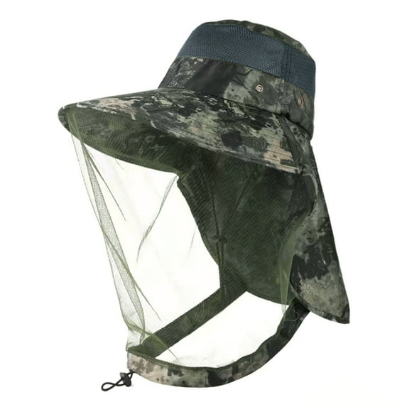 Mosquito Heat Net Sun Hat with Neck Flap, UPF 50+ UV Protection Safari Cap Wide Brim Fishing Hiking Hat for Men Women, Camouflage Green
