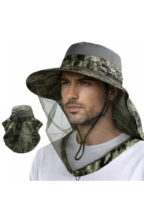 Mosquito Heat Net Sun Hat with Neck Flap, UPF 50+ UV Protection Safari Cap Wide Brim Fishing Hiking Hat for Men Women, Camouflage Green