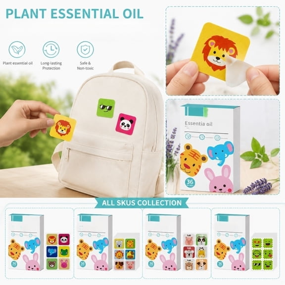 Mosquito, Mosquito for Student, Mosquito, Mosquito Outdoor, 36Pcs 6X3.5X0.5 Inch Deet Free Cartoon Animal Patterned Stick-On Made with Plant Derived Lavender and Orange Essential
