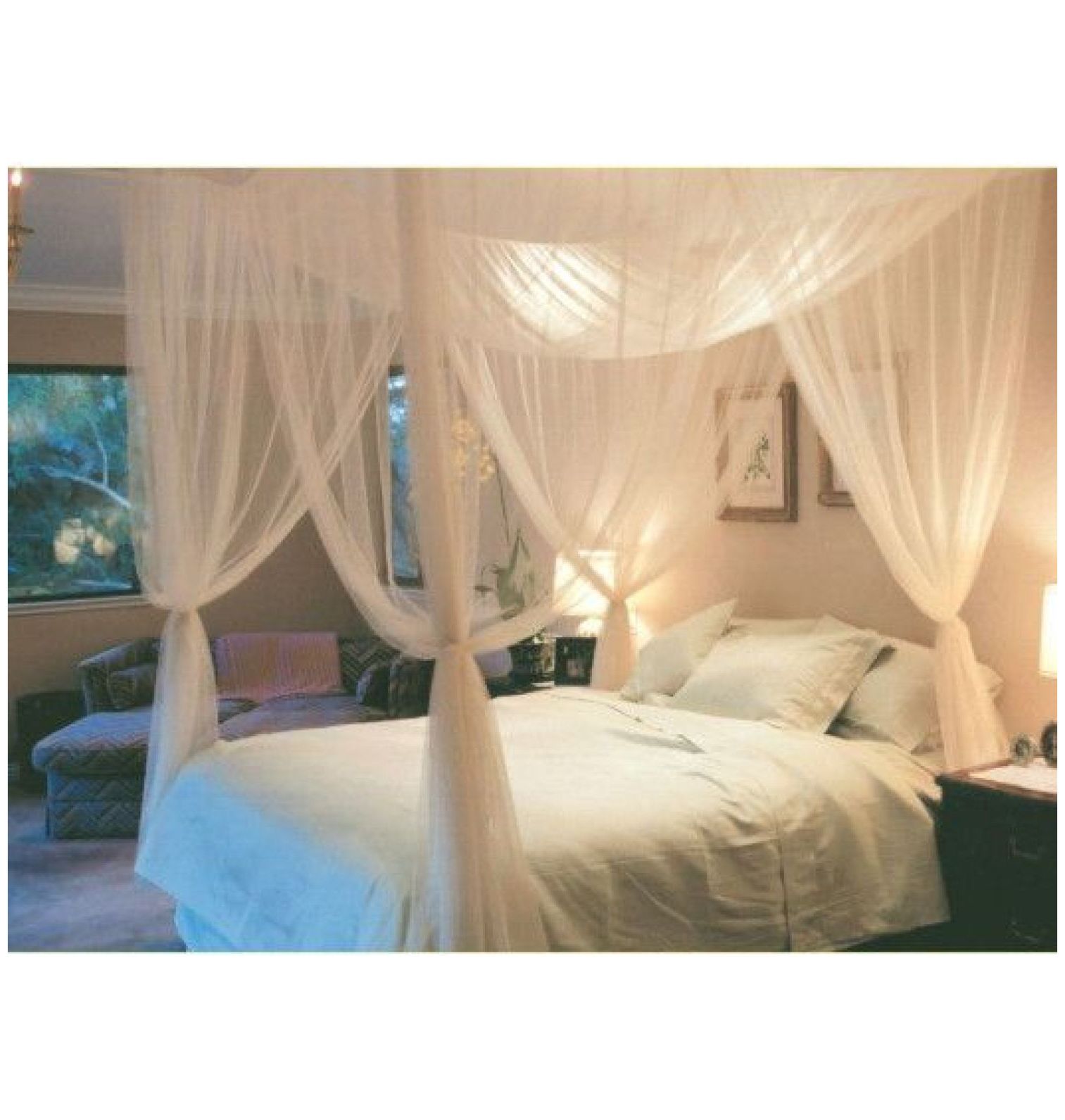 View of Mosquito Net 4 Corner Post - Full/Queen/King Size Bed Canopy - Black ...