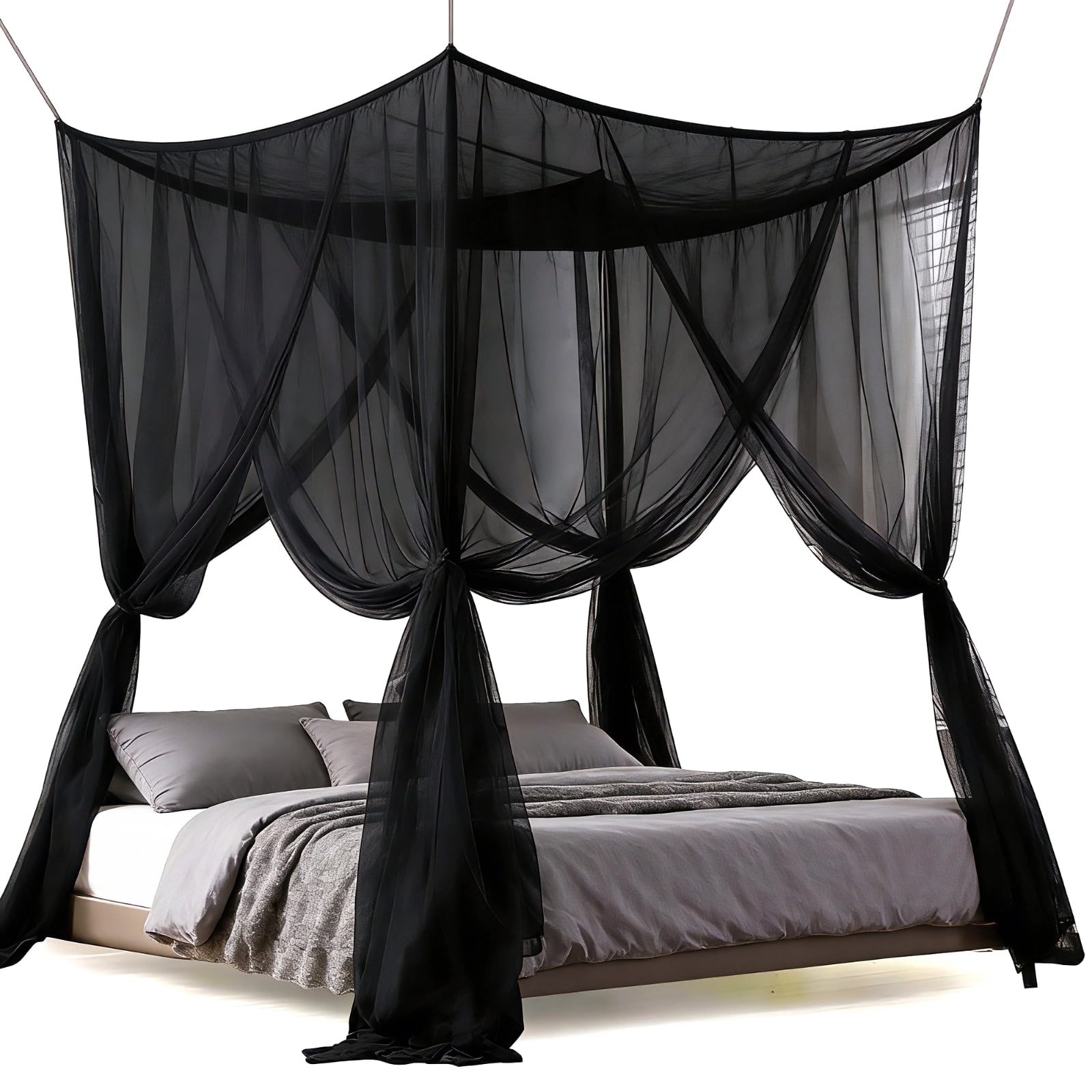 Mosquito Net for Bed, Elegant Black Bed Canopy Curtain, Four-Corner Netting with 4 Openings, Mysterious Polyester Bed Drape, Fits Full/Queen/King, 82.7 x 94.5 x 74.8"