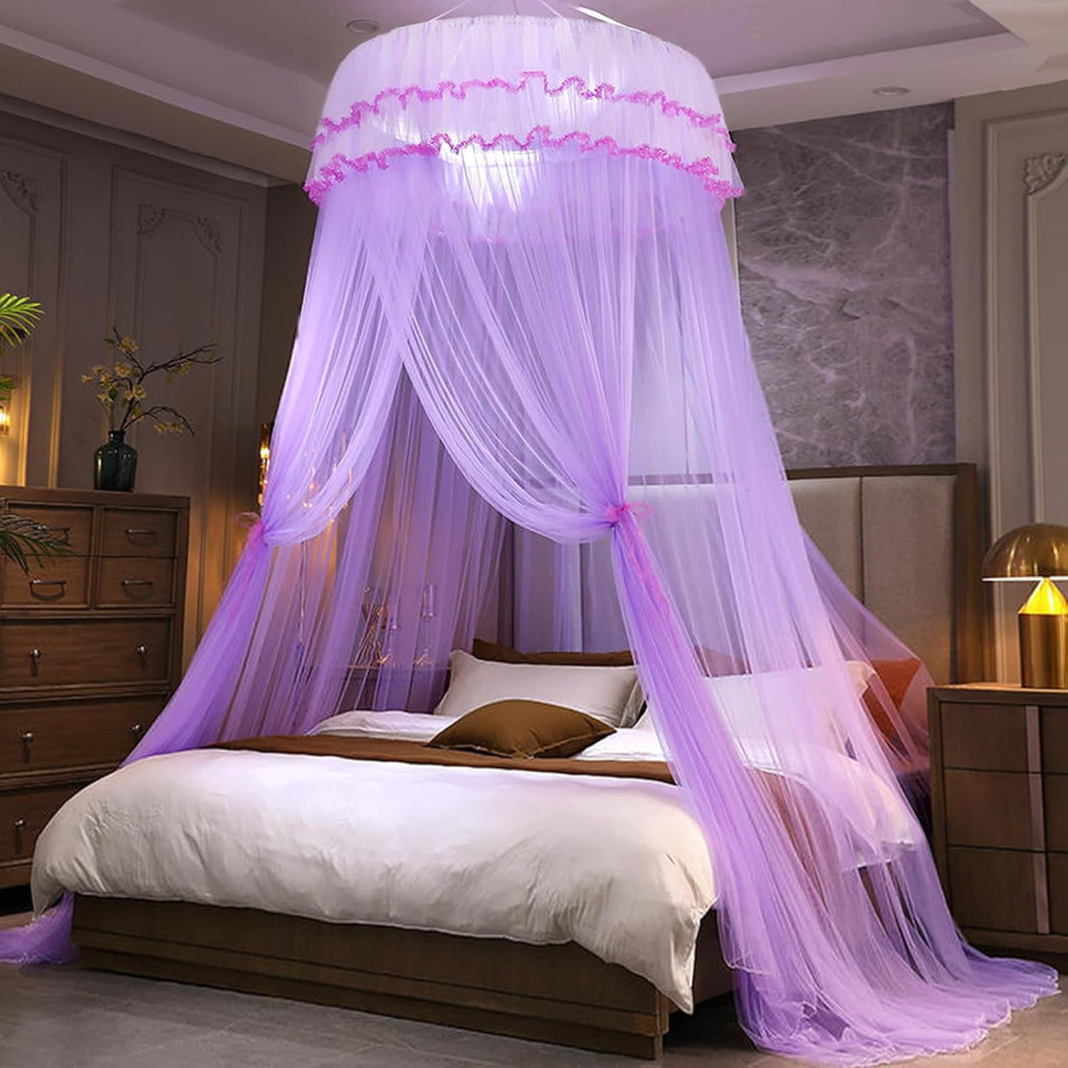 Mosquito Net Bed Canopy for Girls, Princess Canopy Bed Curtain Fine Sheer Mesh Dome Bed Canopies, Kids & Adults Lace Tent for Twin Full Queen King Bed (Light Purple)
