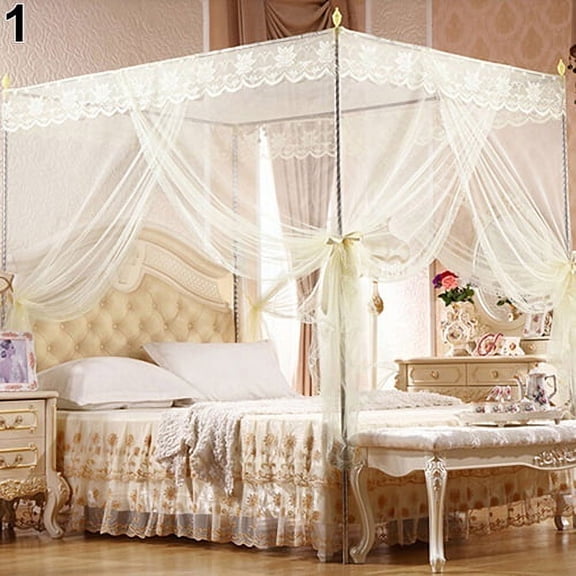 Mosquito Net for Bed Canopy – for Twin, Full, Queen & King Size Beds – Beige – Four Corner Post Curtains – Elegant Bed Canopy Net – Polyester & Lace – Unisex Adult