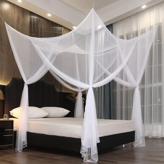 Mosquito Net Bed Canopy for Double Bed, White Netting Four Corner Post Curtains Bed Drape Elegant Mosquito Net