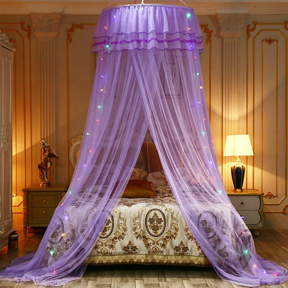 Mosquito Net for Bed Dome Style, QQZ Princess Round Hoop Sheer Bed Canopy, Fine Mesh Polyester Mosquito Netting for Girls Room Baby Crib Twin Adult Beds, Purple