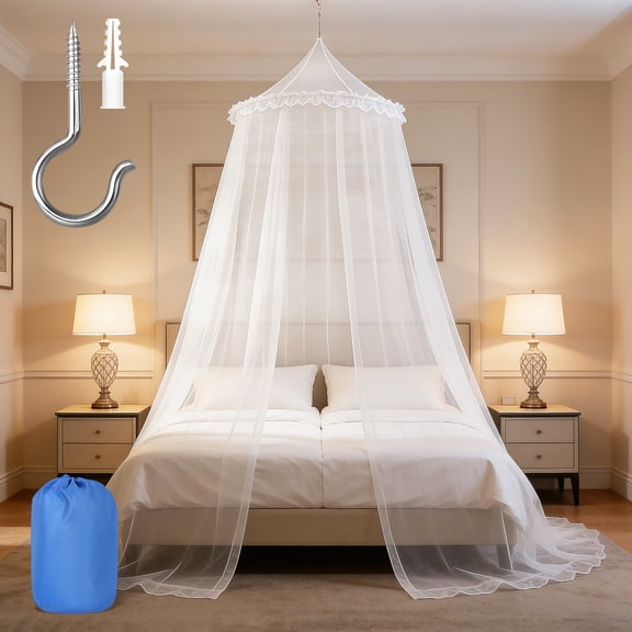 Mosquito Net for Bed, Lace Flower Large White Bed Canopy for Girls, Hanging Bed Net, Easy Installation Ideal for Bedroom Decorative, Travel with Storage Bag